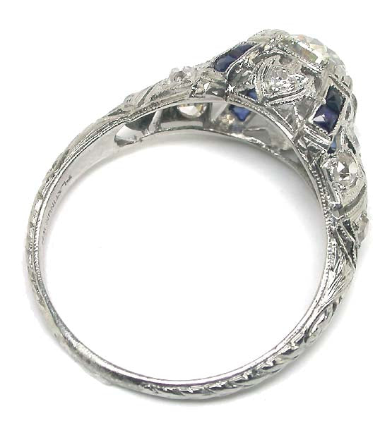 Art Deco 0.98ct Diamond & Sapphire Platinum Engagement Ring