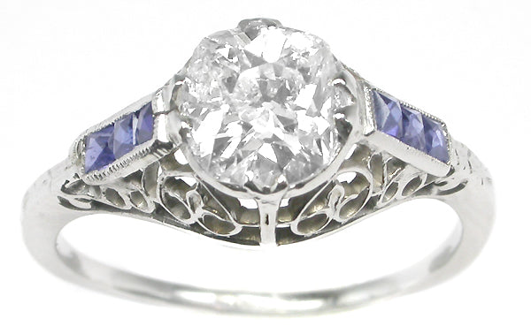 Art Deco 0.98ct Old Mine Diamond Sapphire 18k Gold Engagement Ring