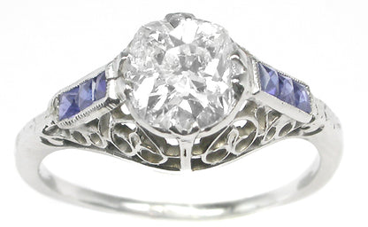 Art Deco 0.98ct Old Mine Diamond Sapphire 18k Gold Engagement Ring