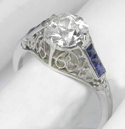 Art Deco 0.98ct Old Mine Diamond Sapphire 18k Gold Engagement Ring