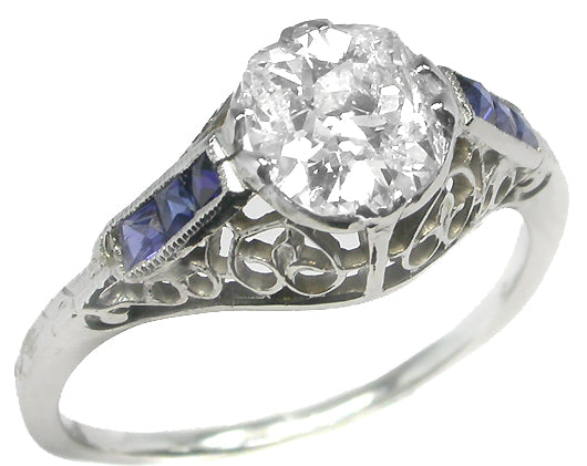 Art Deco 0.98ct Old Mine Diamond Sapphire 18k Gold Engagement Ring