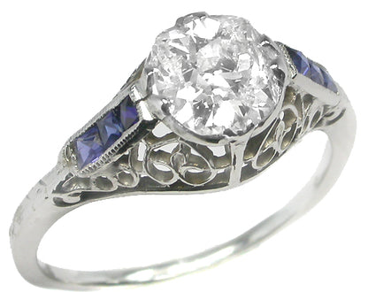 Art Deco 0.98ct Old Mine Diamond Sapphire 18k Gold Engagement Ring