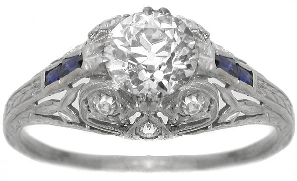 Art Deco 1.00ct Old European Cut Diamond Sapphire Platinum Engagement Ring