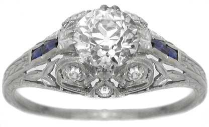 Art Deco 1.00ct Old European Cut Diamond Sapphire Platinum Engagement Ring