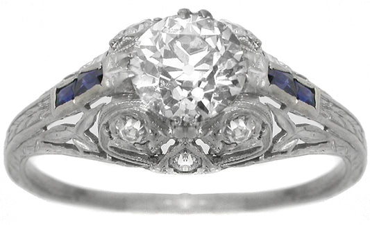 Art Deco 1.00ct Old European Cut Diamond Sapphire Platinum Engagement Ring