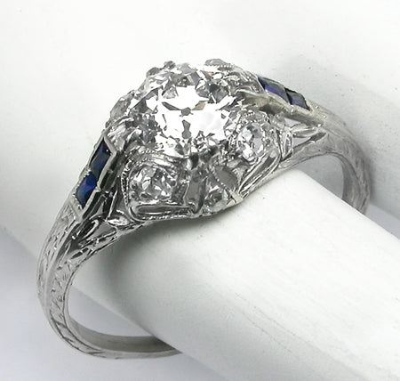 Art Deco 1.00ct Old European Cut Diamond Sapphire Platinum Engagement Ring