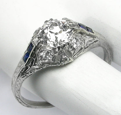 Art Deco 1.00ct Old European Cut Diamond Sapphire Platinum Engagement Ring