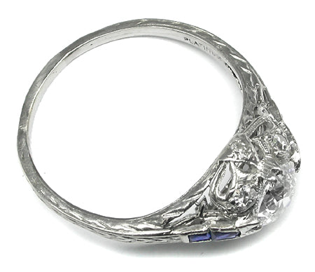Art Deco 1.00ct Old European Cut Diamond Sapphire Platinum Engagement Ring