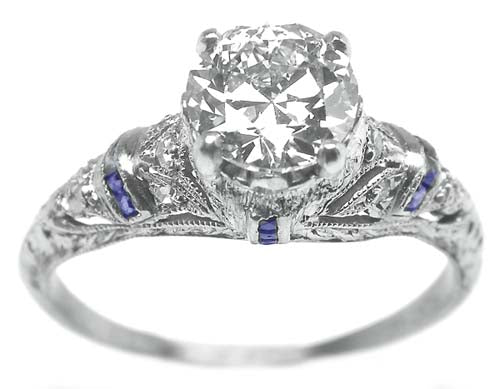 Art Deco 1.03ct Diamond & Sapphire Platinum Engagement Ring
