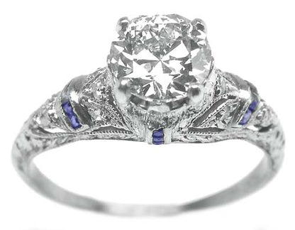 Art Deco 1.03ct Diamond & Sapphire Platinum Engagement Ring