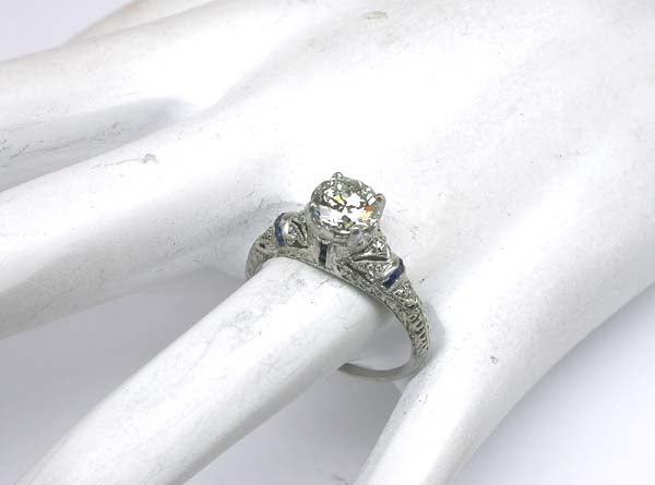 Art Deco 1.03ct Diamond & Sapphire Platinum Engagement Ring