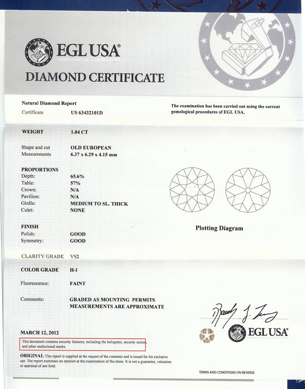 Art Deco 1.04ct Old European Diamond Platinum Engagement Ring