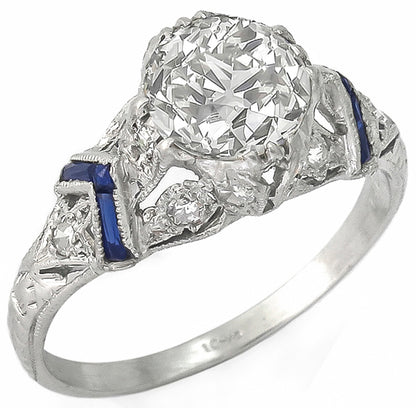Art Deco 1.06ct Diamond Sapphire Platinum Engagement Ring GIA Certified