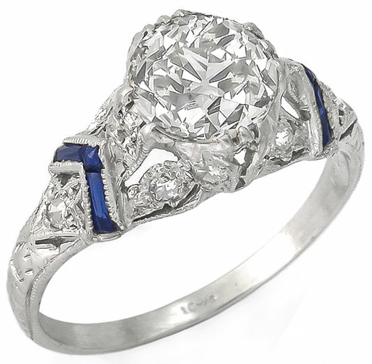 Art Deco 1.06ct Diamond Sapphire Platinum Engagement Ring GIA Certified