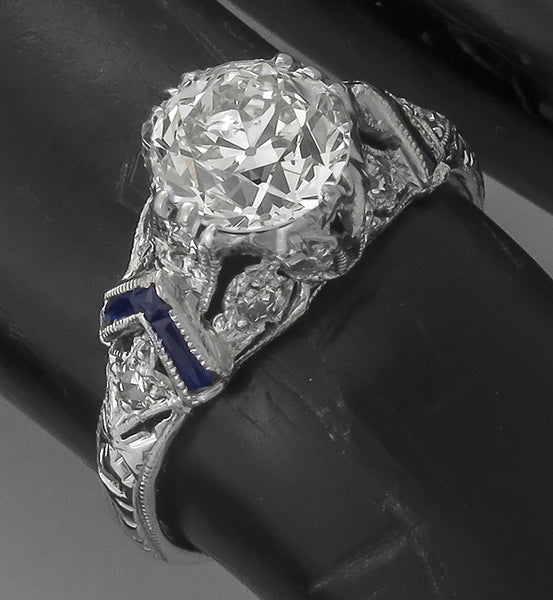 Art Deco 1.06ct Diamond Sapphire Platinum Engagement Ring GIA Certified