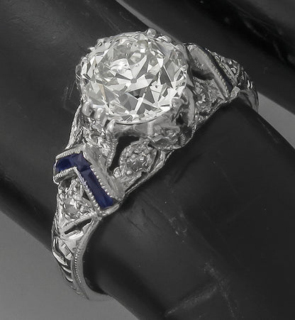 Art Deco 1.06ct Diamond Sapphire Platinum Engagement Ring GIA Certified
