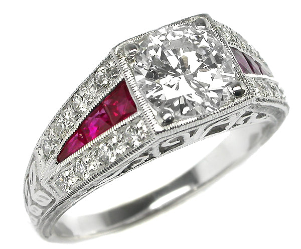 Art Deco 1.07ct Round  Diamond Ruby 18k White Engagement Ring