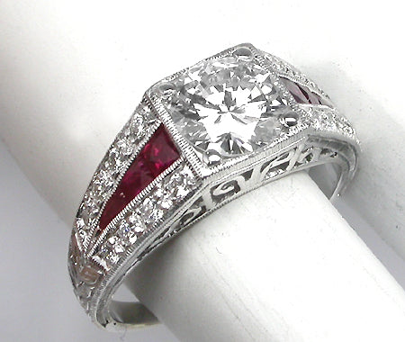 Art Deco 1.07ct Round  Diamond Ruby 18k White Engagement Ring