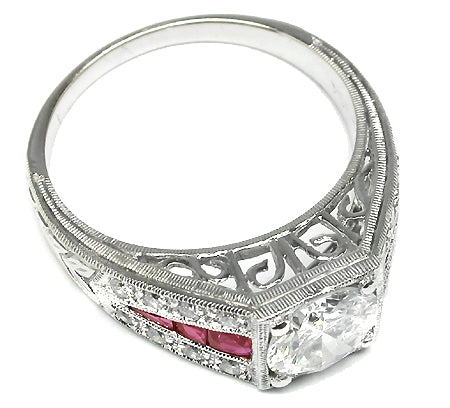Art Deco 1.07ct Round  Diamond Ruby 18k White Engagement Ring
