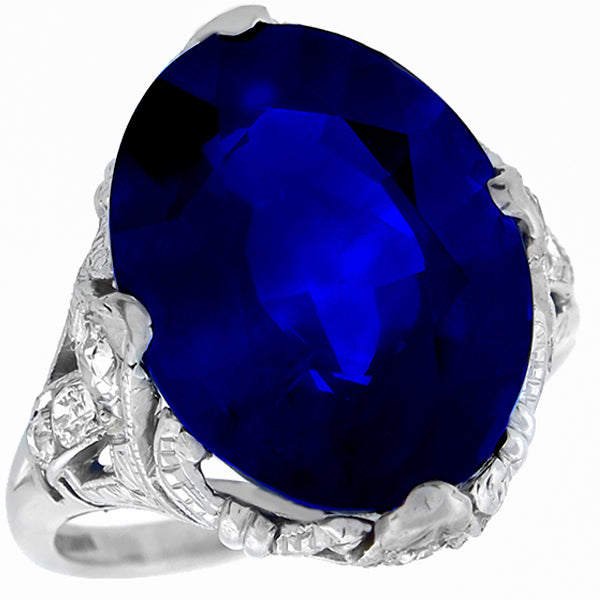 Art Deco 10.86ct Oval Cut Ceylon Sapphire Diamond Ring