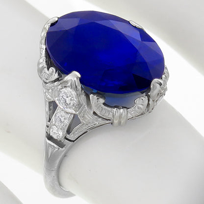 Art Deco 10.86ct Oval Cut Ceylon Sapphire Diamond Ring