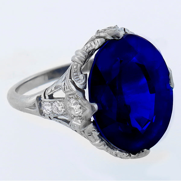 Art Deco 10.86ct Oval Cut Ceylon Sapphire Diamond Ring