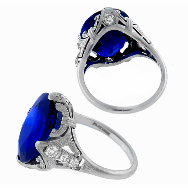 Art Deco 10.86ct Oval Cut Ceylon Sapphire Diamond Ring