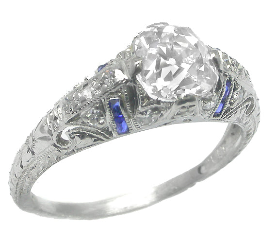Art Deco 1.15ct Old Mine Diamond Sapphire Platinum Engagement Ring