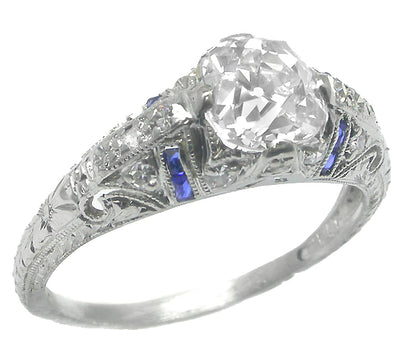 Art Deco 1.15ct Old Mine Diamond Sapphire Platinum Engagement Ring