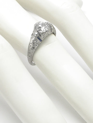 Art Deco 1.15ct Old Mine Diamond Sapphire Platinum Engagement Ring