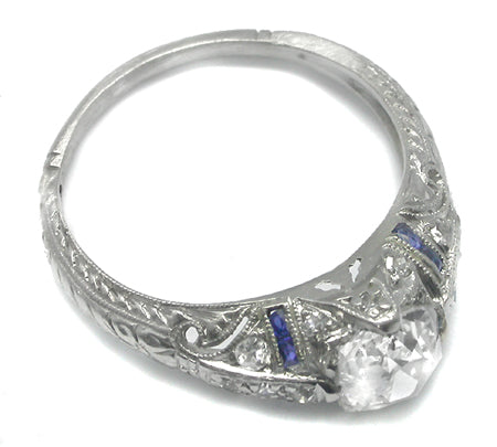 Art Deco 1.15ct Old Mine Diamond Sapphire Platinum Engagement Ring
