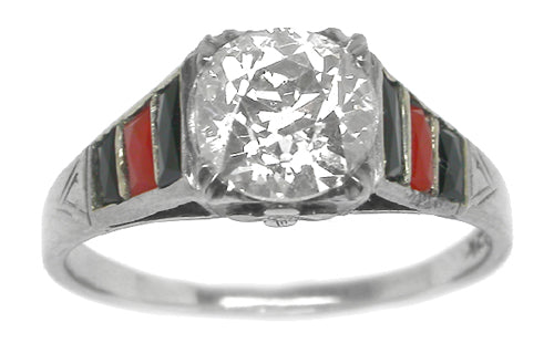 Art Deco 1.16ct Diamond, Onyx & Coral 18k White Gold Engagement Ring
