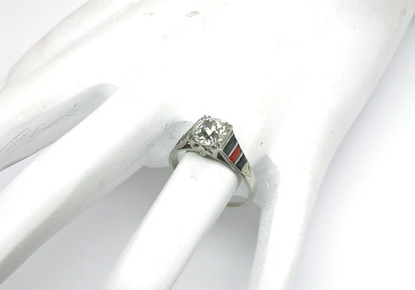 Art Deco 1.16ct Diamond, Onyx & Coral 18k White Gold Engagement Ring