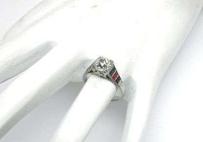 Art Deco 1.16ct Diamond, Onyx & Coral 18k White Gold Engagement Ring