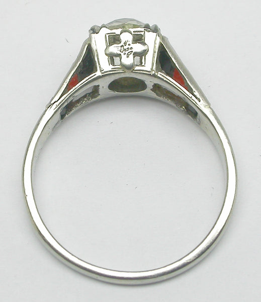 Art Deco 1.16ct Diamond, Onyx & Coral 18k White Gold Engagement Ring