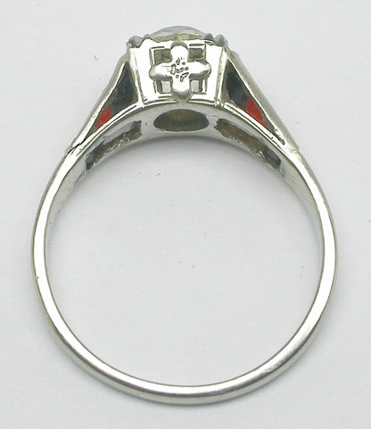 Art Deco 1.16ct Diamond, Onyx & Coral 18k White Gold Engagement Ring