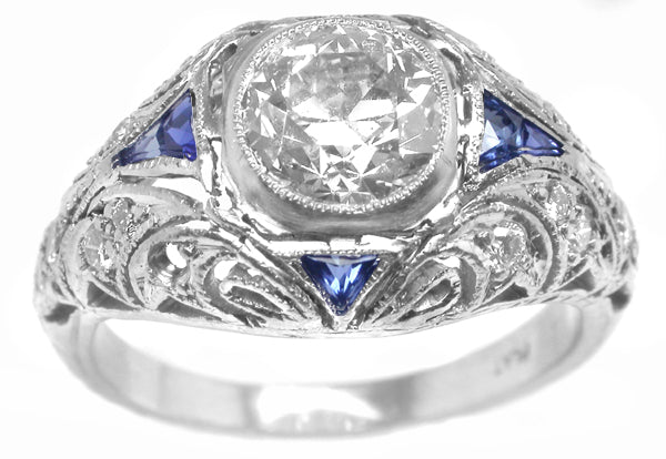 Art Deco 1.19ct Diamond Sapphire Engagement Platinum Ring
