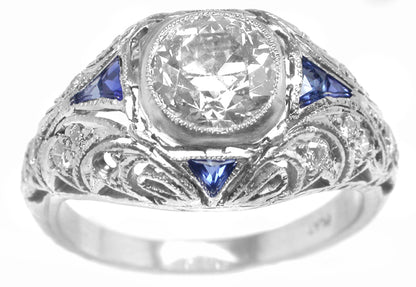 Art Deco 1.19ct Diamond Sapphire Engagement Platinum Ring