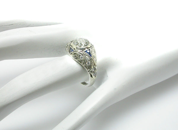 Art Deco 1.19ct Diamond Sapphire Engagement Platinum Ring