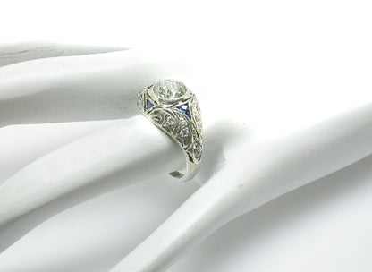 Art Deco 1.19ct Diamond Sapphire Engagement Platinum Ring