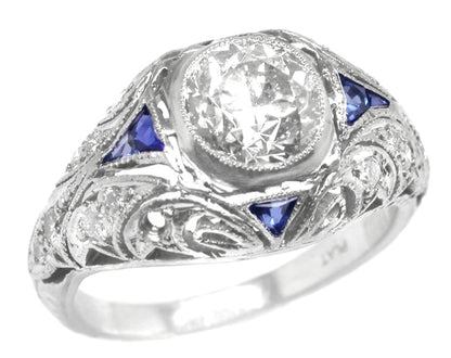Art Deco 1.19ct Diamond Sapphire Engagement Platinum Ring