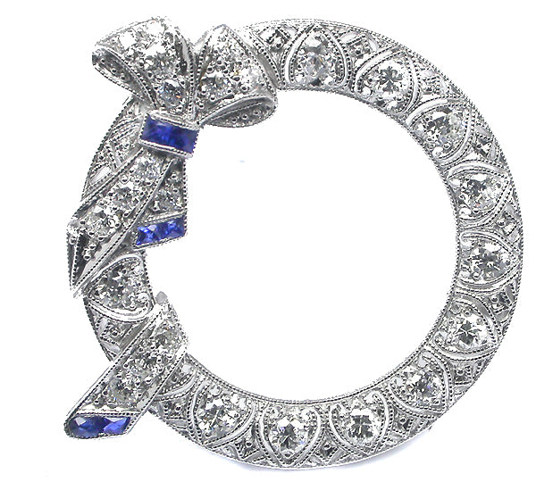 Art Deco 1.20ct Diamond & Sapphire Platinum Round Bow Pin