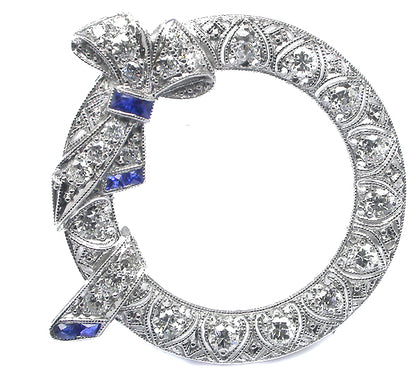 Art Deco 1.20ct Diamond & Sapphire Platinum Round Bow Pin