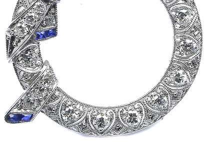 Art Deco 1.20ct Diamond & Sapphire Platinum Round Bow Pin