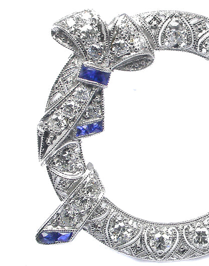 Art Deco 1.20ct Diamond & Sapphire Platinum Round Bow Pin