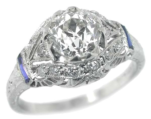 Art Deco 1.25ct Diamond & Sapphire Platinum Engagement Ring