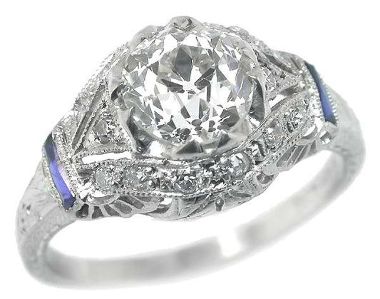 Art Deco 1.25ct Diamond & Sapphire Platinum Engagement Ring