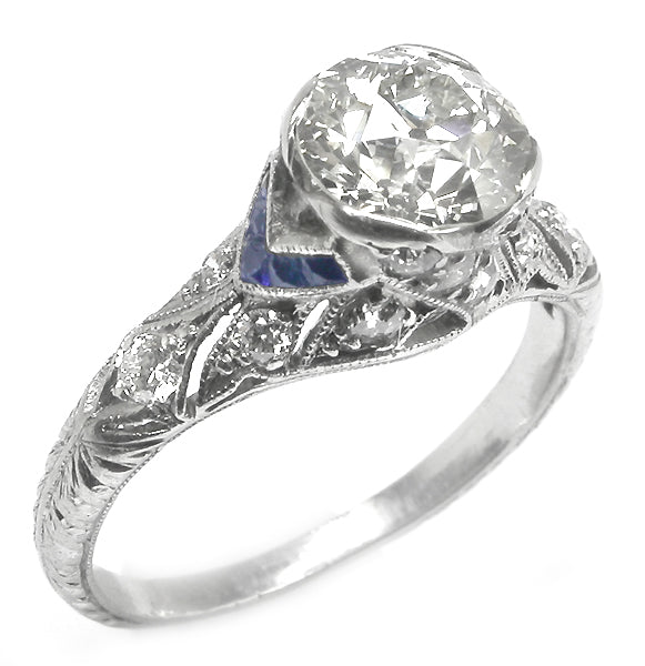 Art Deco 1.26ct Diamond & Sapphire Platinum Engagement Ring