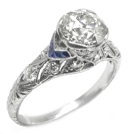 Art Deco 1.26ct Diamond & Sapphire Platinum Engagement Ring