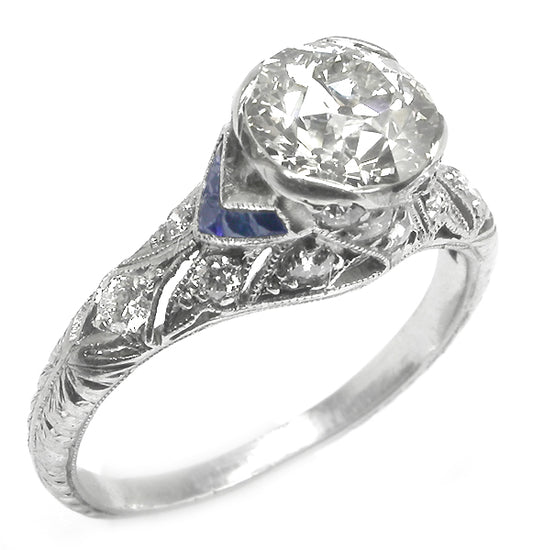 Art Deco 1.26ct Diamond & Sapphire Platinum Engagement Ring